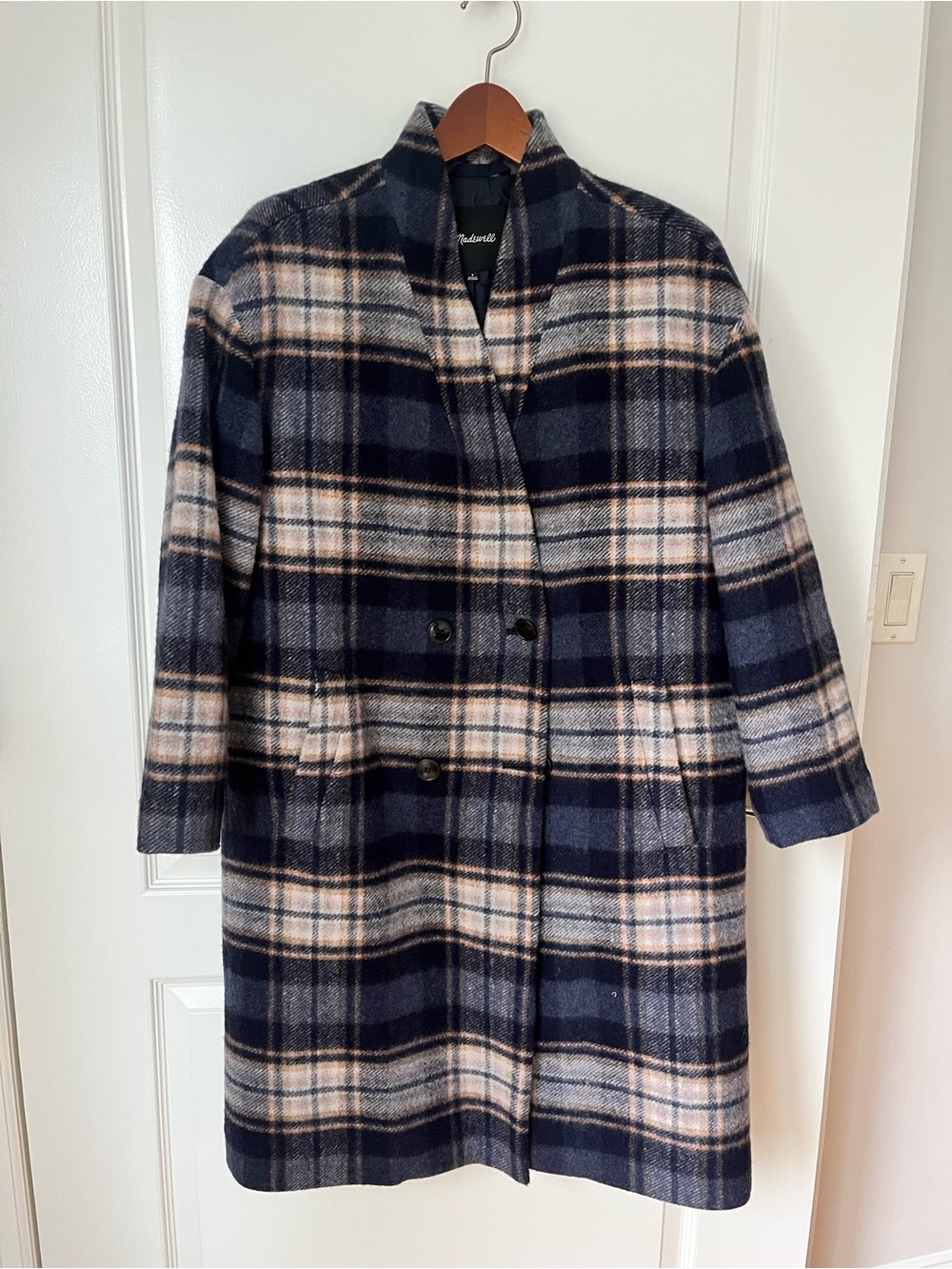 Madewell Navy Plaid Double-Breasted Pea Coat